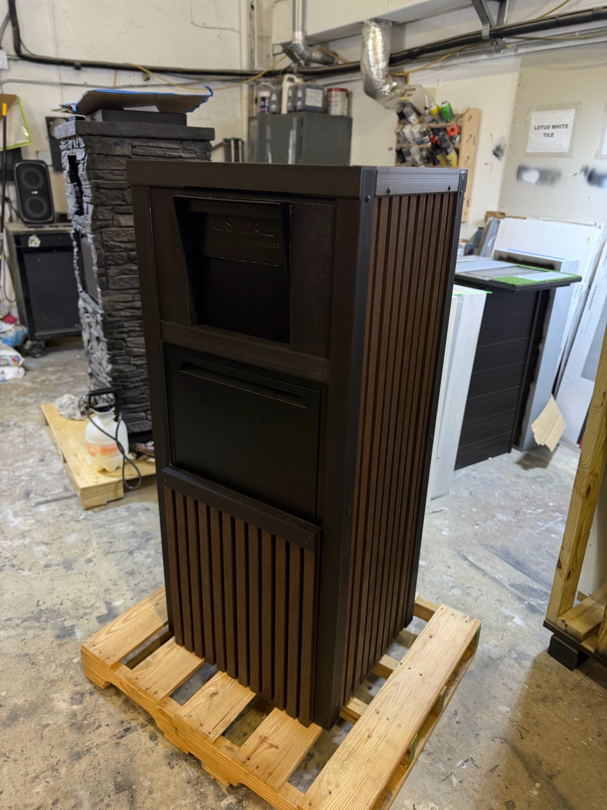 A modern white and walnut composite duplex mailbox shown as a build-to-order mockup